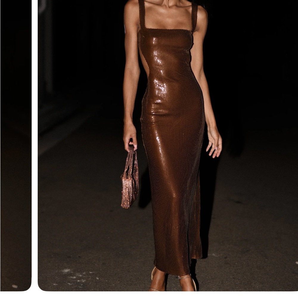 Meshki Brown Shimmer Maxi Dress